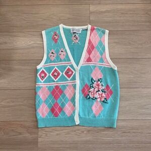 Jantzen Vintage Hand Embroidered Argyle Sweater Vest Women L 90s Preppy‎ Cottage